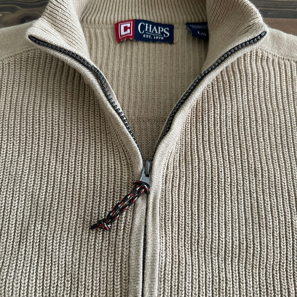 Chaps Mens Beige Cotton Knit Cardigan Sweater Zip up Size L Elbow Patches - Picture 3 of 9